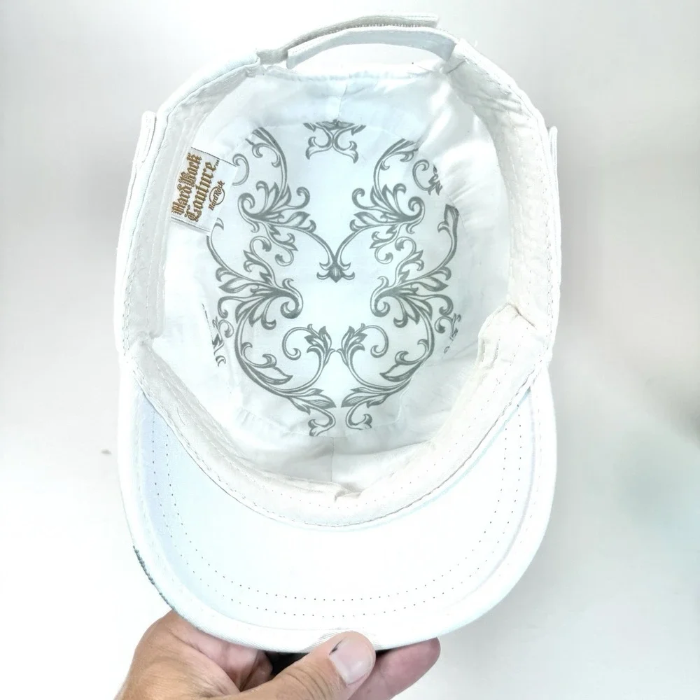 Hard Rock Couture Glam Rock Rhinestone Peace Sign Cadet Hat White Adjustable
